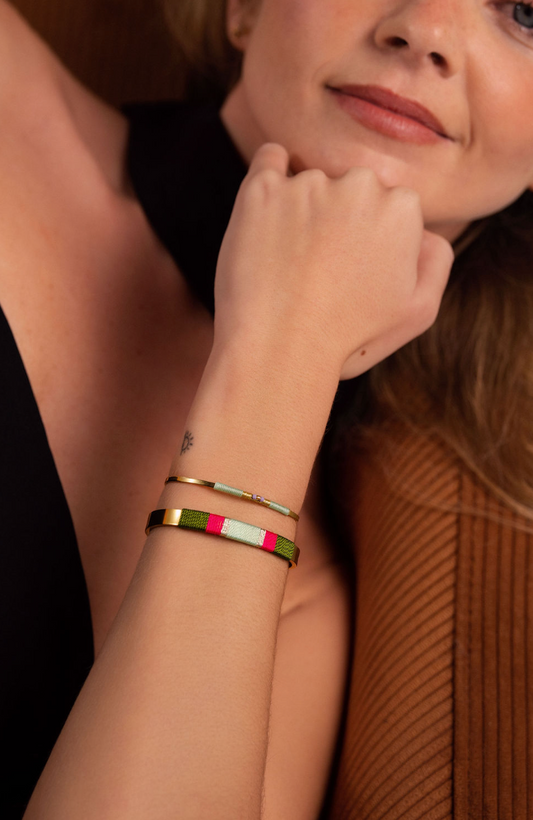 Pulseira Larga - Verde musgo/magenta/verde menta