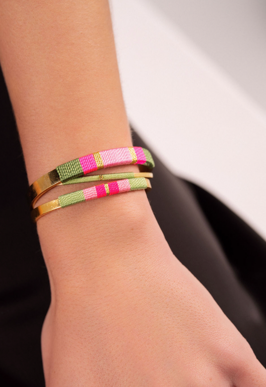 Pulseira Larga - Verde musgo/rosa néon claro/rosa