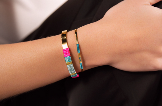 Pulseira Larga - Rosa neon claro/turquesa/azul água
