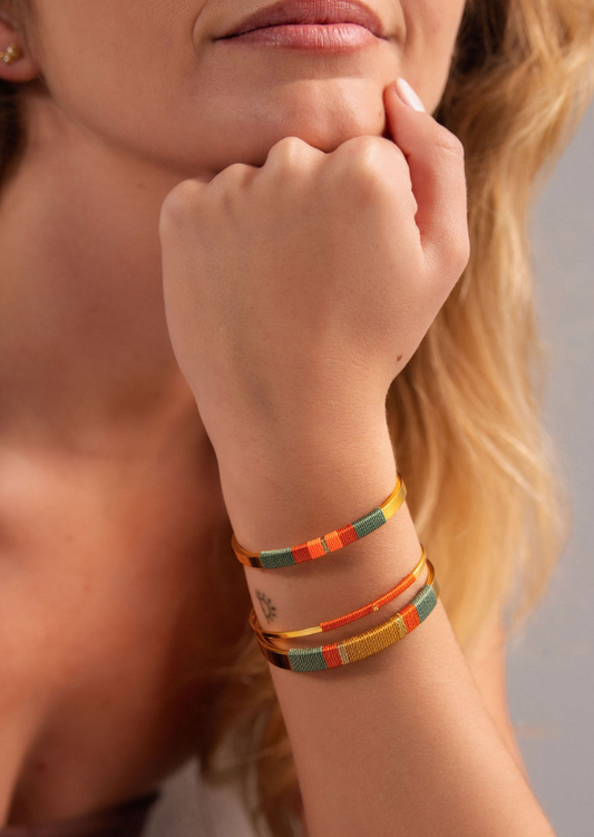 Pulseira Larga - Verde bruma/laranja/bege