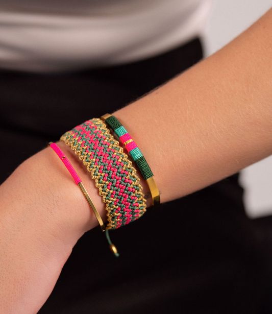 Pulseira Média - Verde garrafa/esmeralda/rosa neon